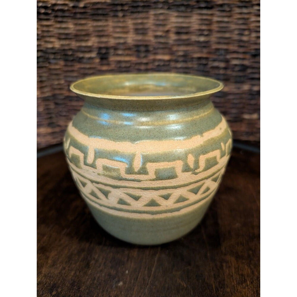 Art Pottery Vase Artist Signed Glaze over Clay Green Aztec Boho Southwestern
